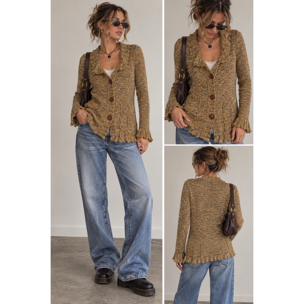 BCBGMAXAZRIA Mustard Yellow Marl Knit Ruffle Cardigan Sweater Y2K 90s Large